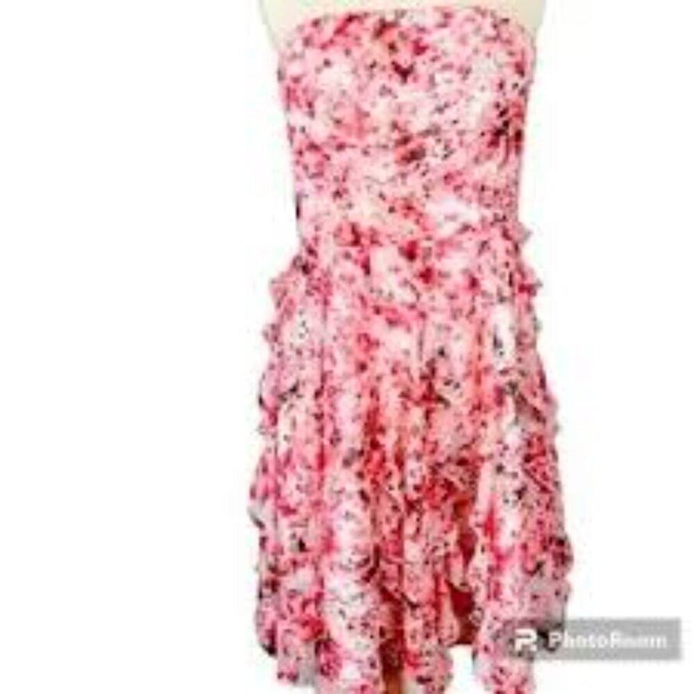 NWOT $180 White House Black Market Pink Floral Strapless Ruffle Dress 12